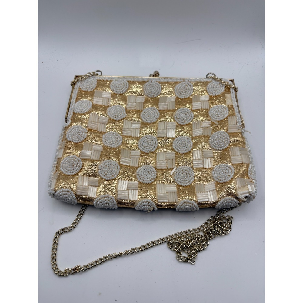 Vintage Beaded Clutch with Gold and White Floral and Geometric Pattern